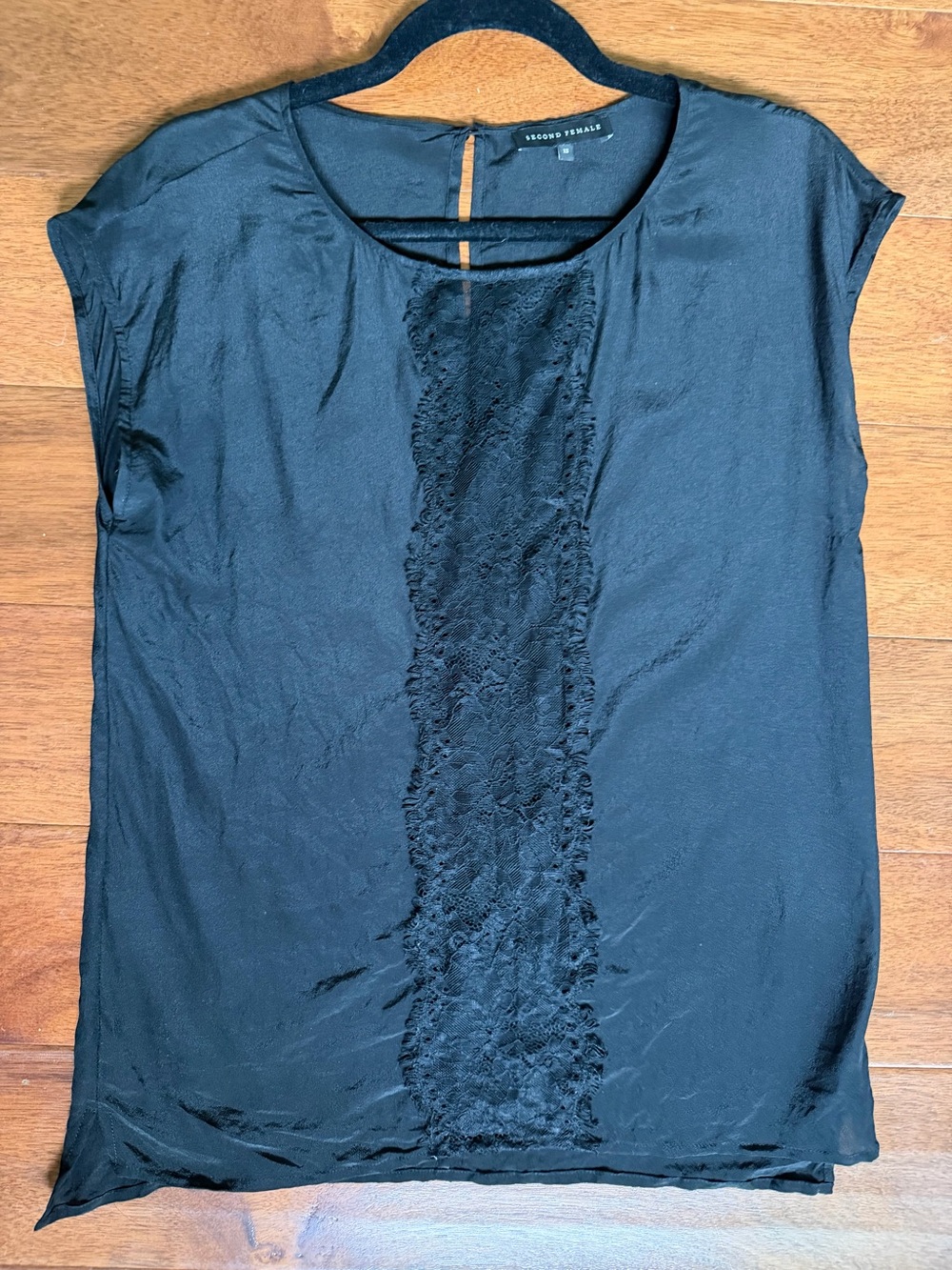 Second Female Black Silk Top with Lace Trim — 100% Silk